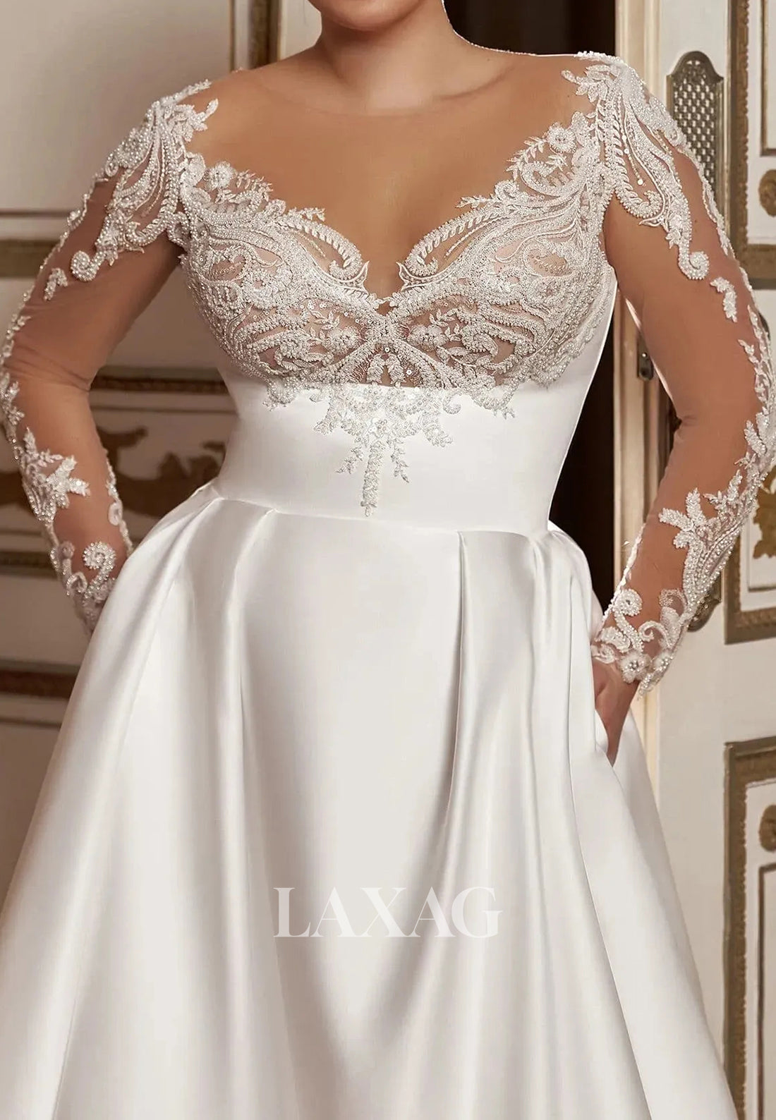 V-Neck Lace Applique Pleated A-Line Wedding Dress Long-Sleeves Beaded Satin Bride Gowns