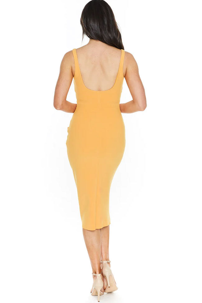 Elegant Square Neck Ruched Trim Sleeveless Bodycon Midi Dress - Yellow Fashionpara