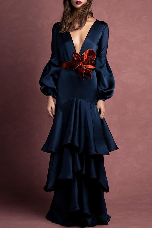 Dark Navy V-neck Layered Hem Long Dress - Mislish