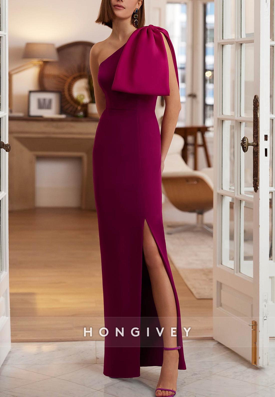 Side Slit Column Ankle-Length One Shoulder Bowknot Evening Gown