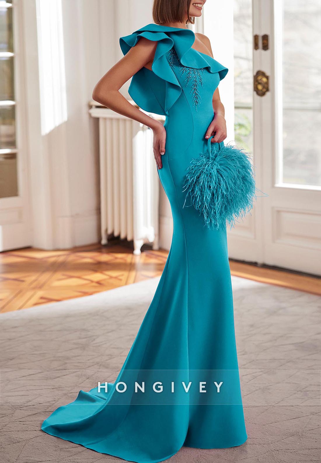 Trumpet Court Train One Shoulder Satin Crepe Pleated Beading Evening Gown
