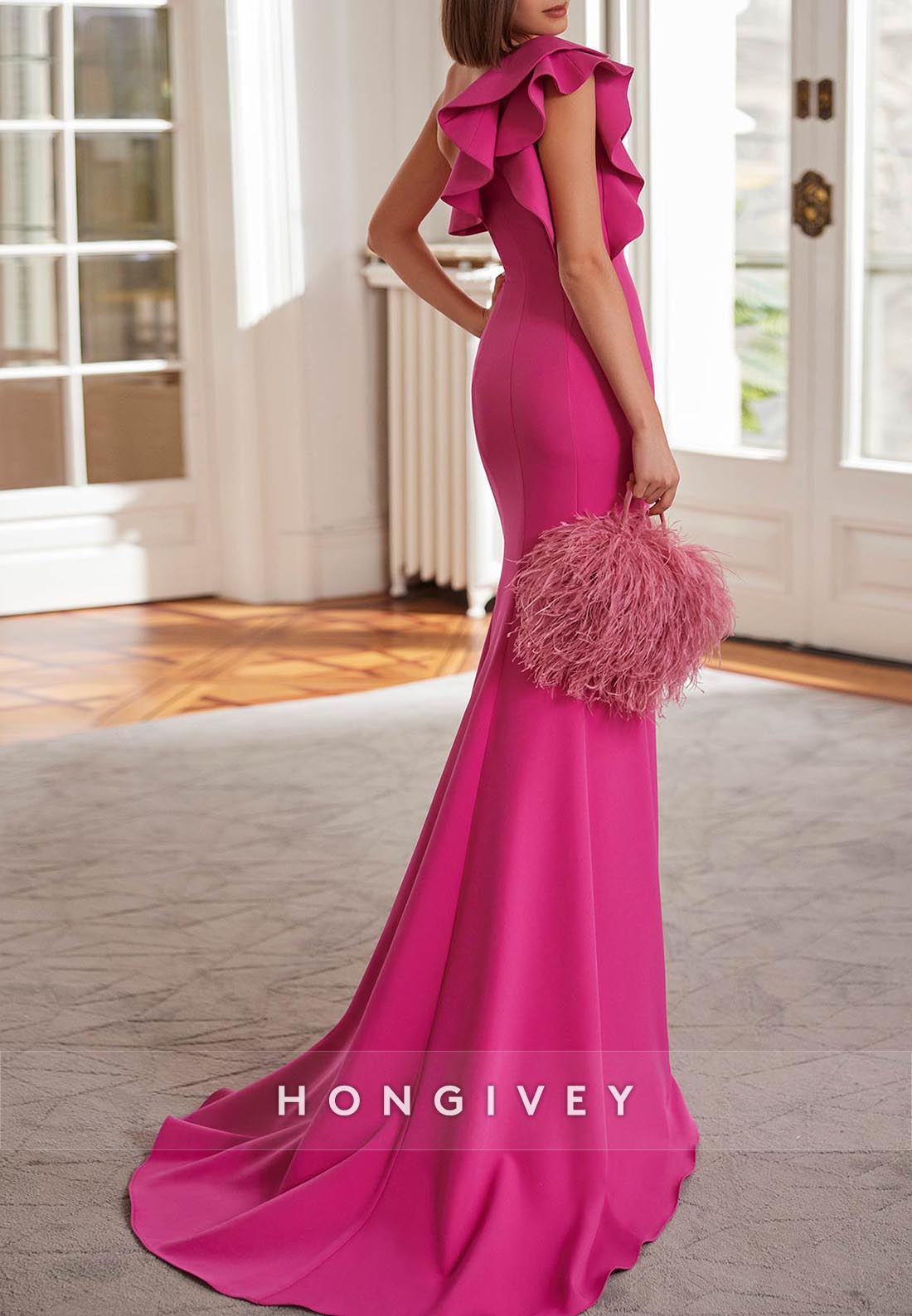 Trumpet Court Train One Shoulder Satin Crepe Pleated Beading Evening Gown