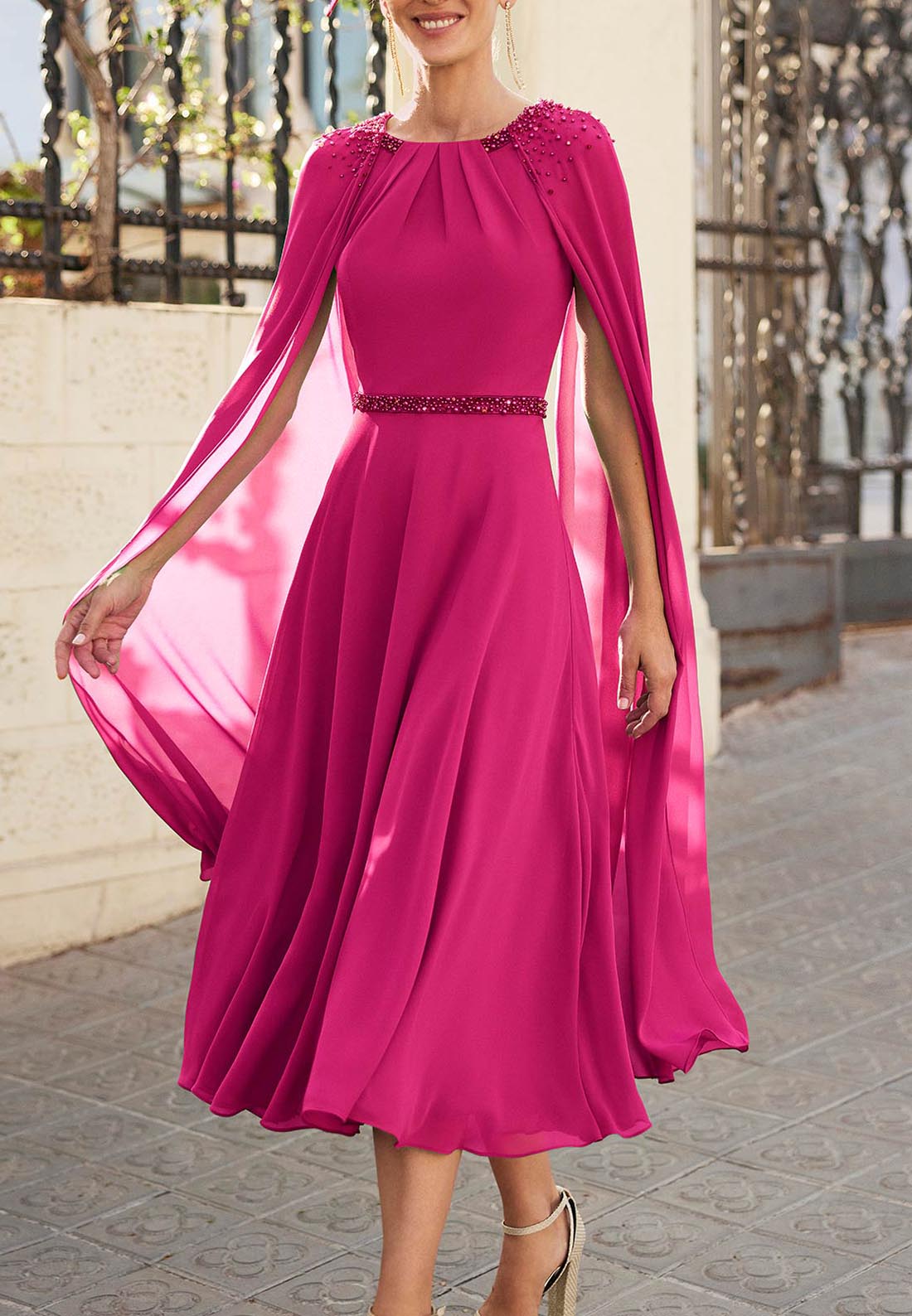 A-line Tea-Length Mother of the Bride Watteau Train Tulle Pleated Cloak Cocktail Dresses