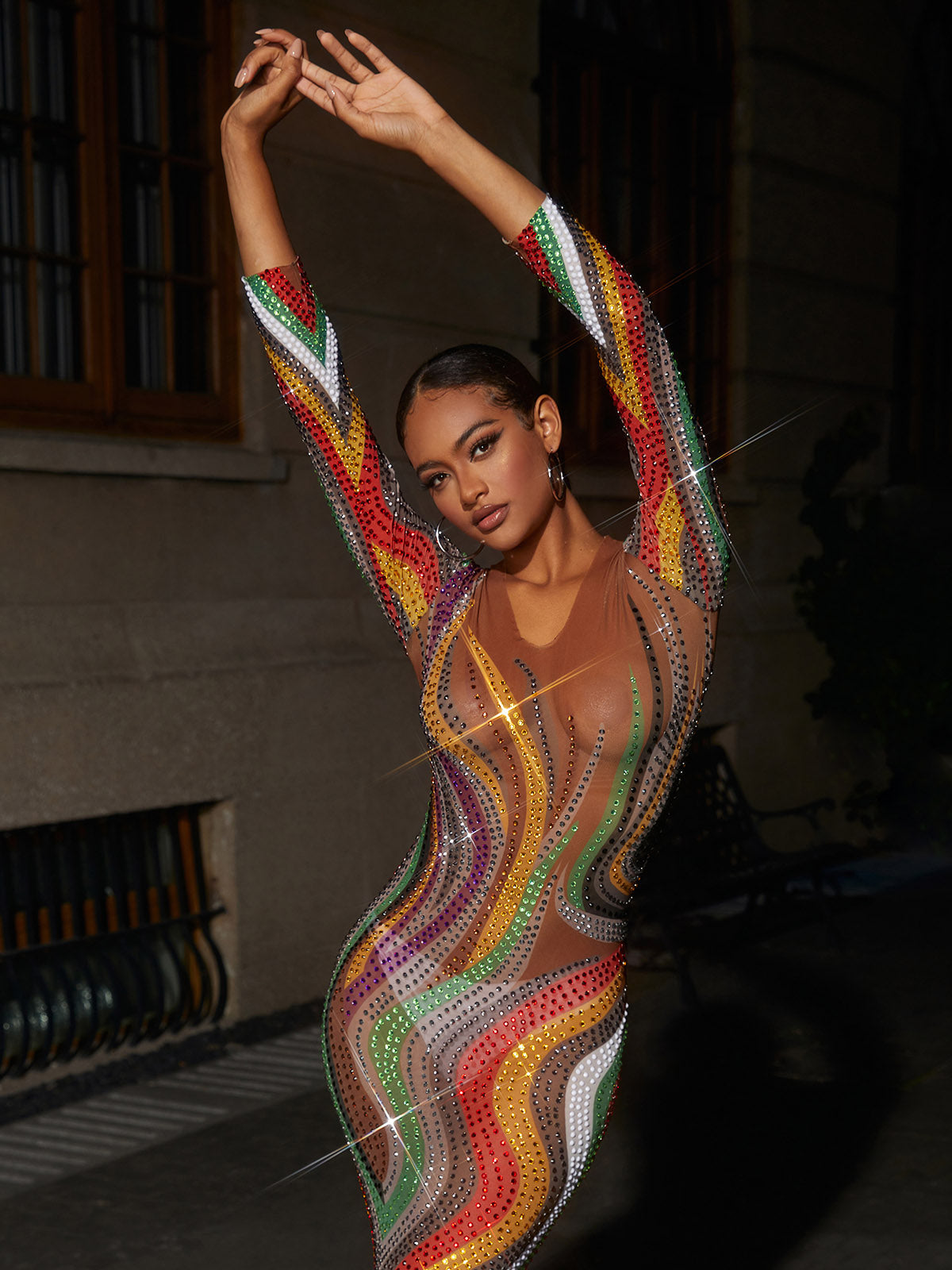 Rhinestone Sheer Mesh Long Sleeve Bodycon Midi Dress 5