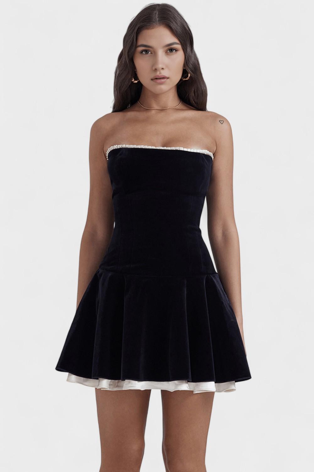 Strapless Pearl Trim Drop Waist Flare Mini Dress