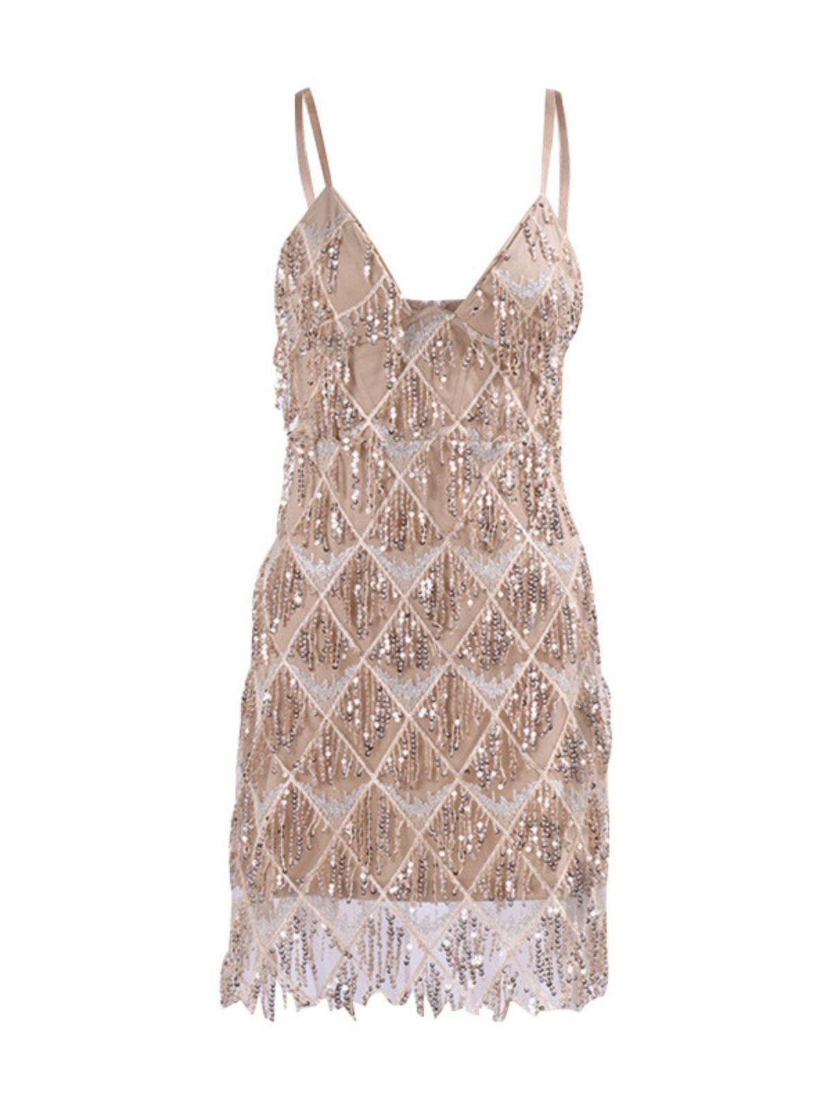 Sequin Deep V-Neck Spaghetti Strap Fringe Mini Dress - View 6