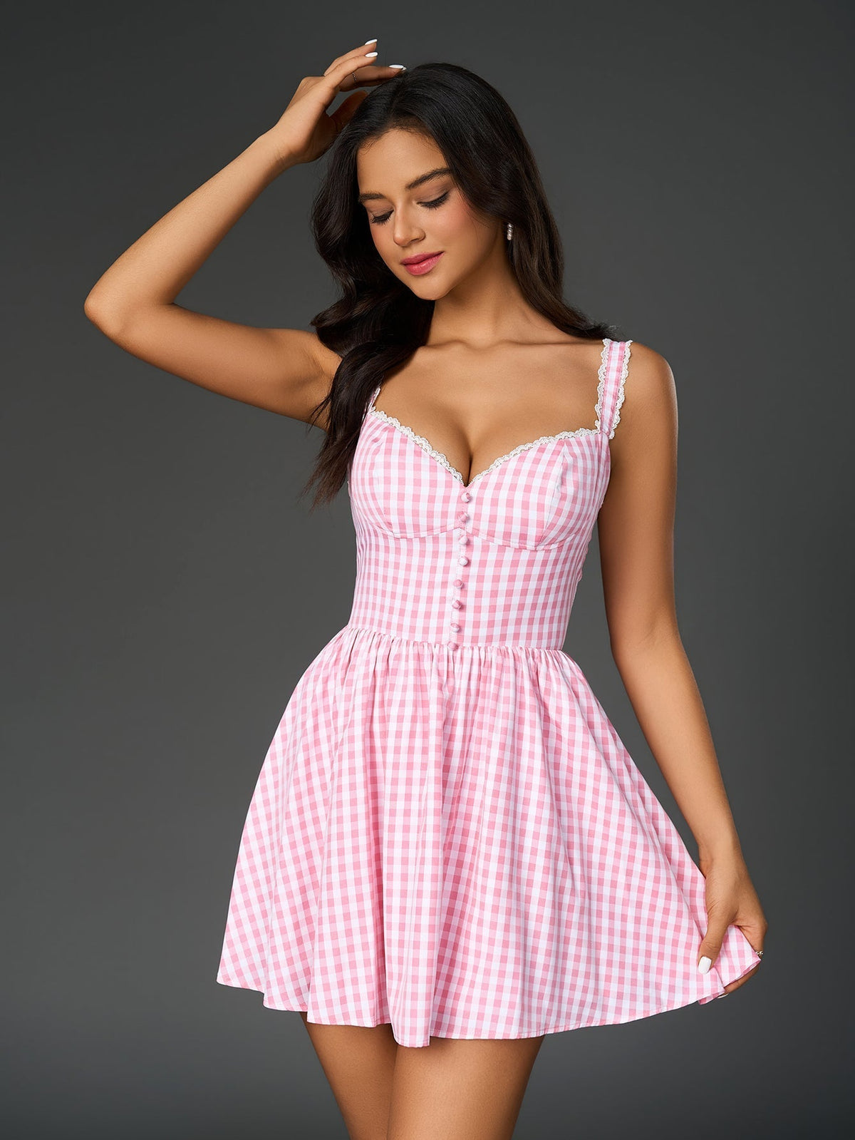 Lace Trim Sweetheart Wide Strap Gingham Plaid A-Line Mini Dress - View 7