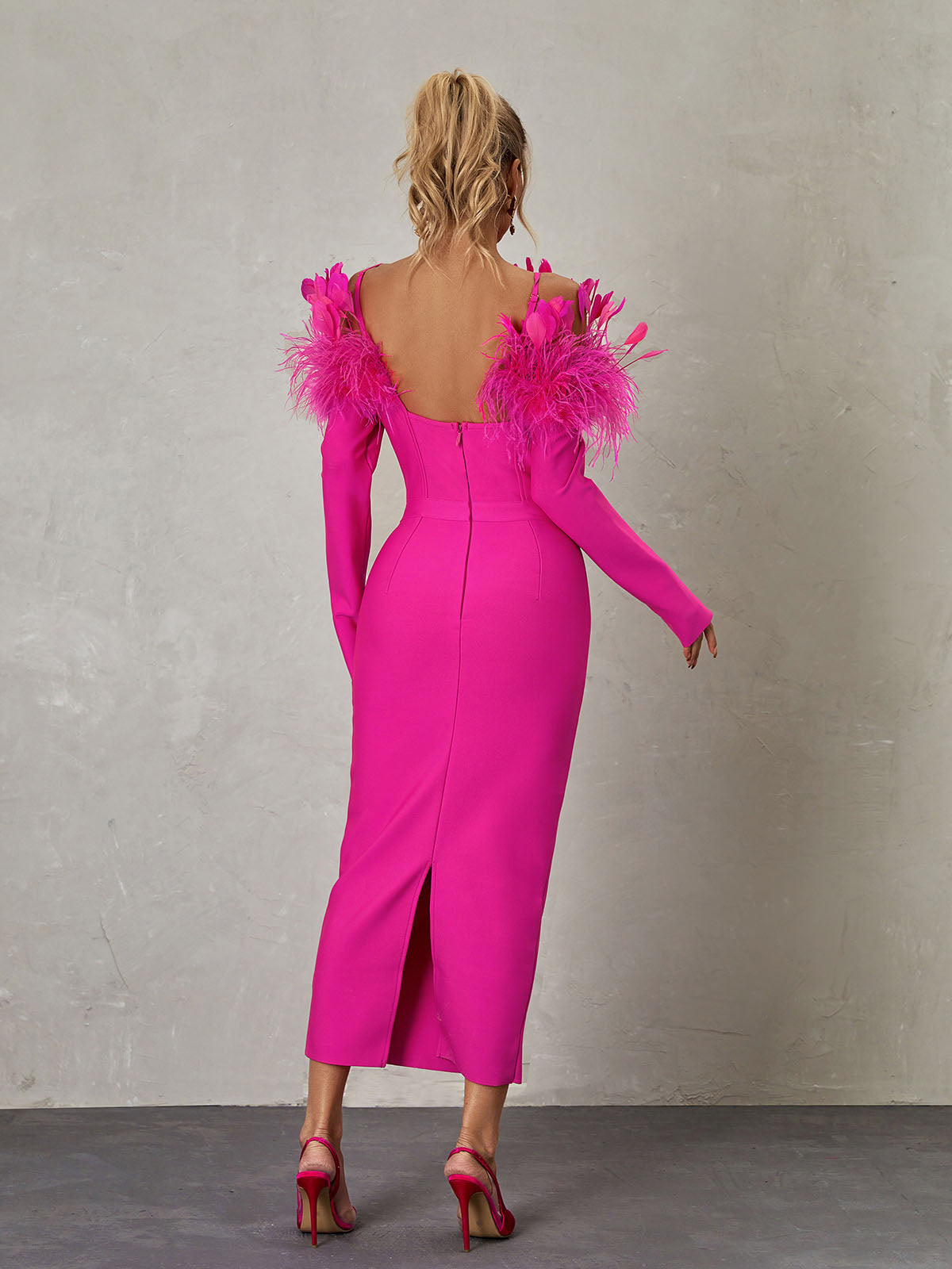Feather Off Shoulder Long Sleeve Bandage Maxi Dress - View 5