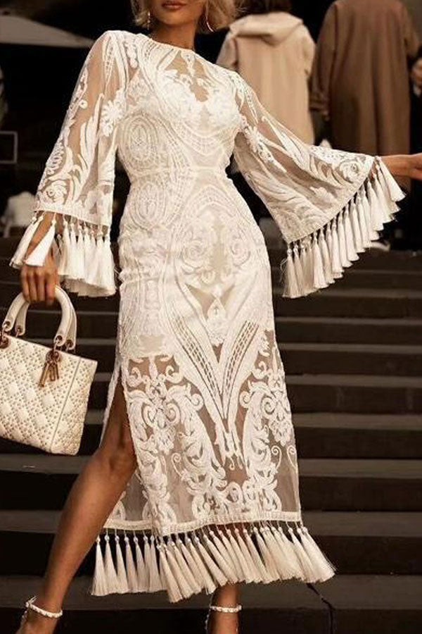 Embroidered Lined See Thru Tassel Dress - Mislish