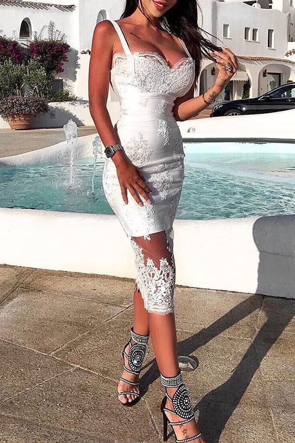 Embroidered Mesh Panel Bodycon Dress - Mislish