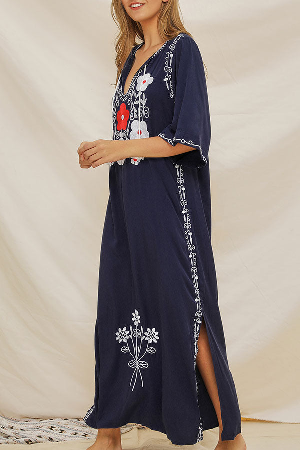 Embroidered Drawstring Tassel Slit Dress