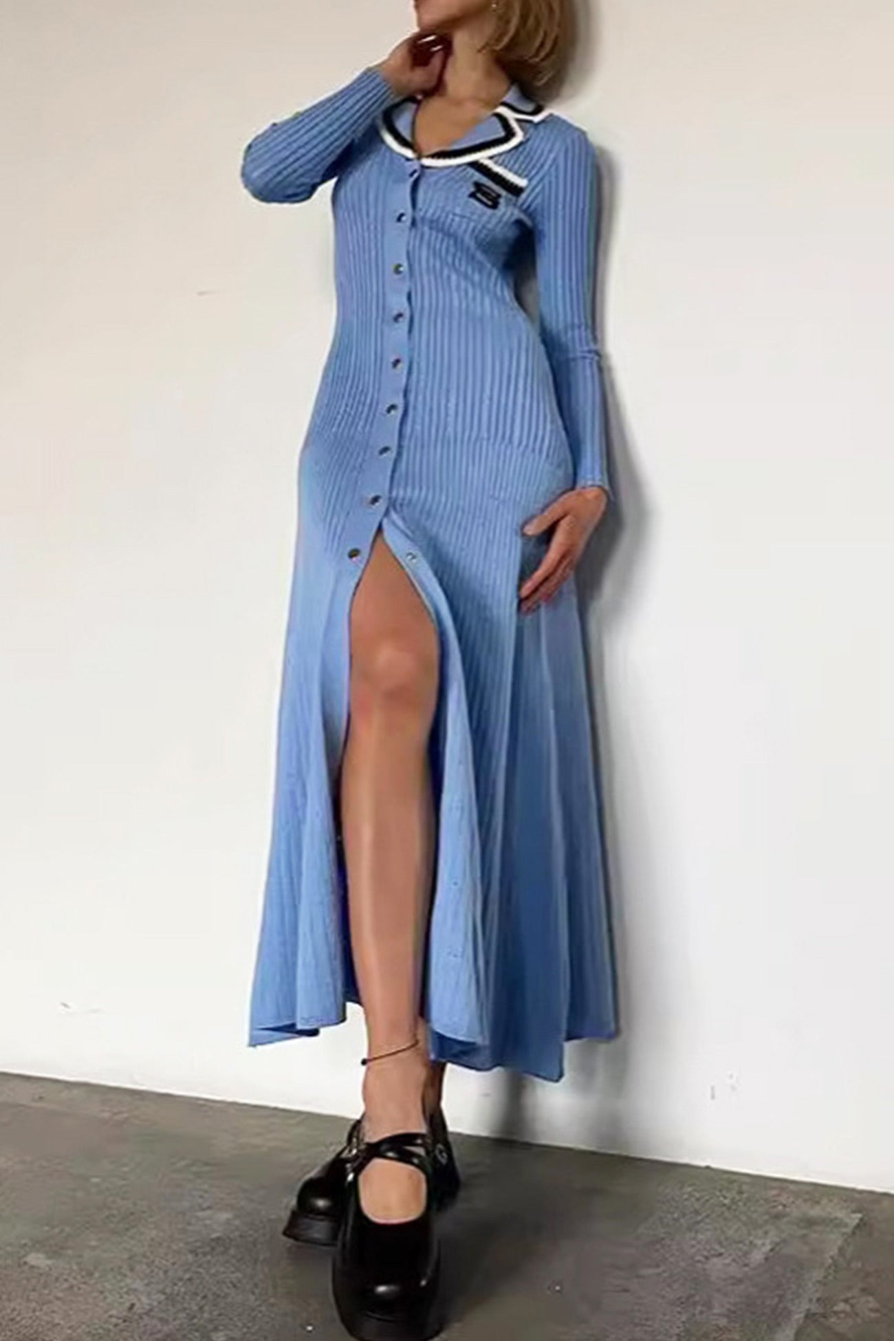 Embroidery Lapel Single-breasted Knit Dress