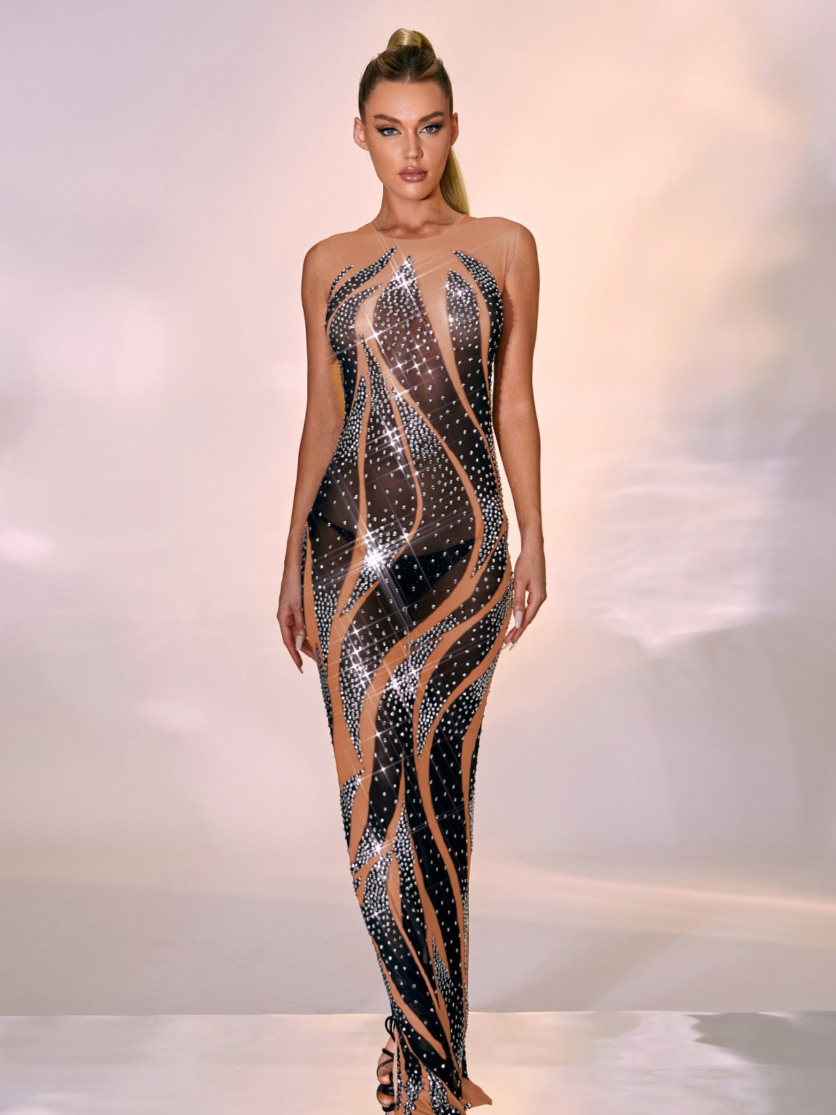 Rhinestone Sheer Mesh Sleeveless Bodycon Maxi Dress