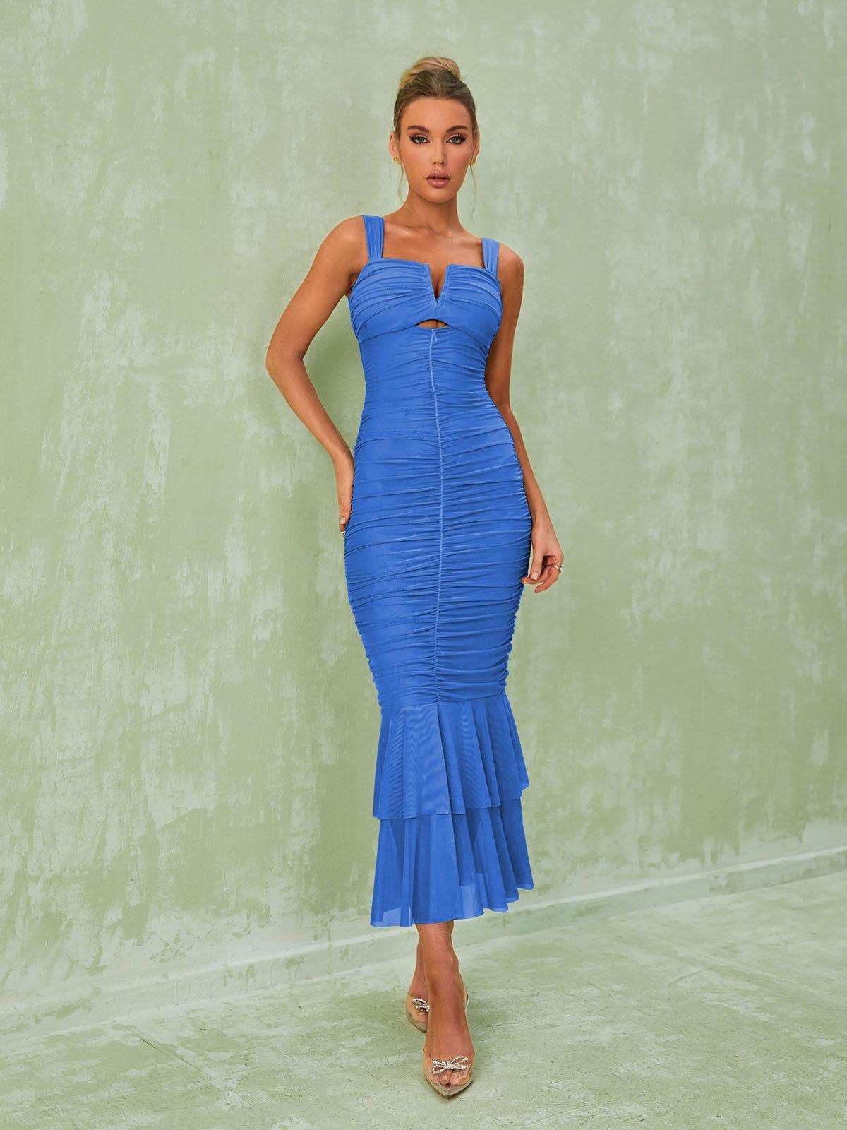 Ruched Mesh Sweetheart Strap Mermaid Midi Dress