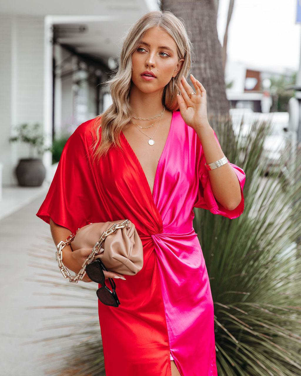 Essex Satin Colorblock Twist Midi Dress Red Pink FINAL - View 8