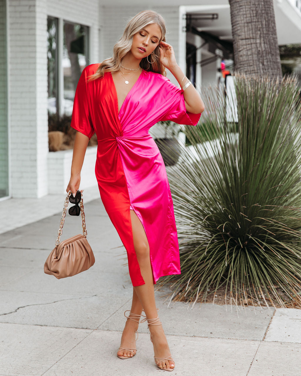 Essex Satin Colorblock Twist Midi Dress Red Pink FINAL - View 3