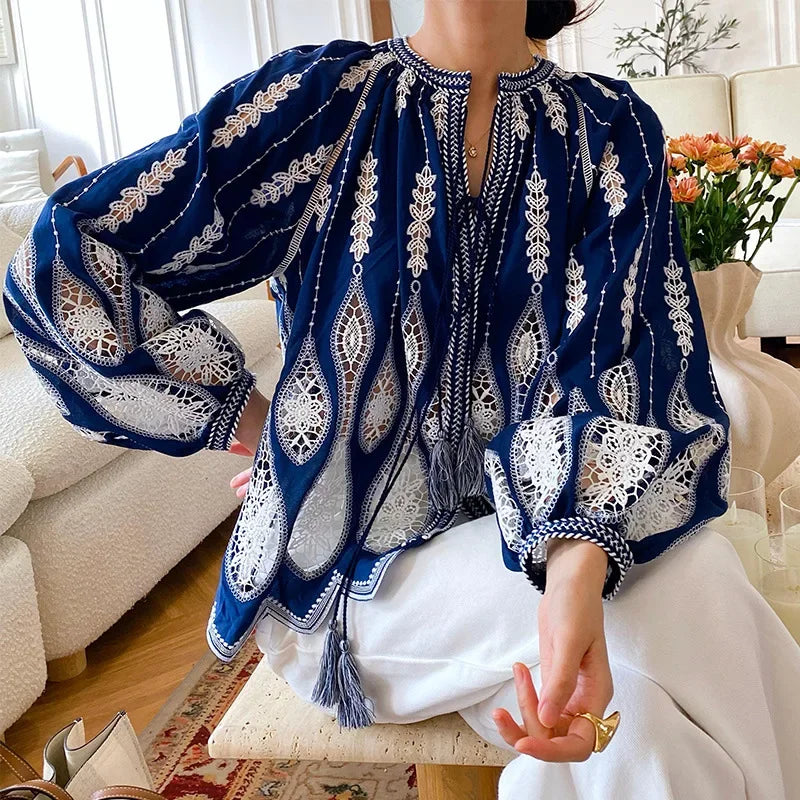 Blue Embroidery Lantern Sleeve Ethnic Boho Blouse