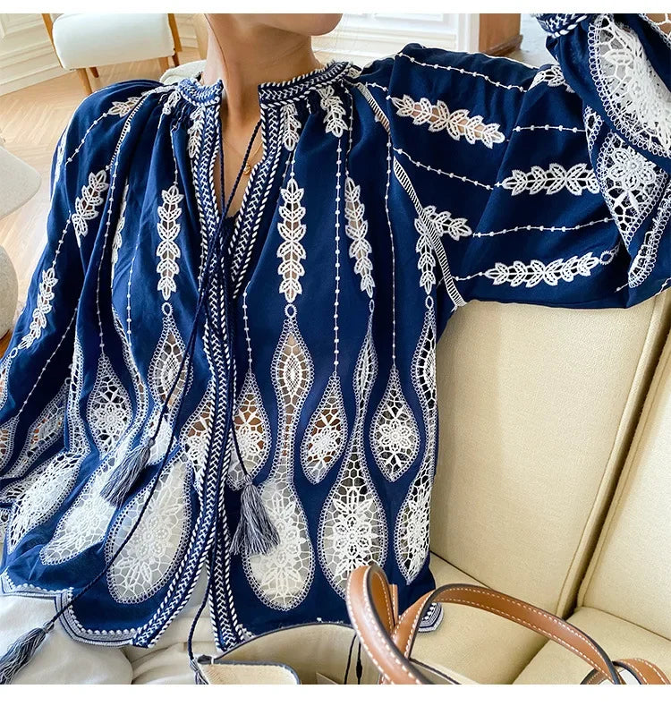Blue Embroidery Lantern Sleeve Ethnic Boho Blouse