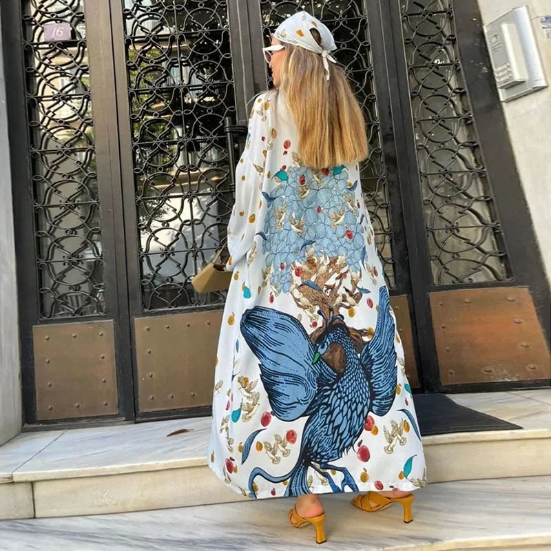 Ethnic Floral Long Sleeve Boho Kaftan Cover up - Fashionpara
