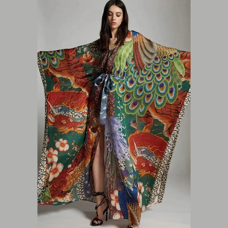 Chiffon Long Cardigan with Peacock Pattern for Boho Style
