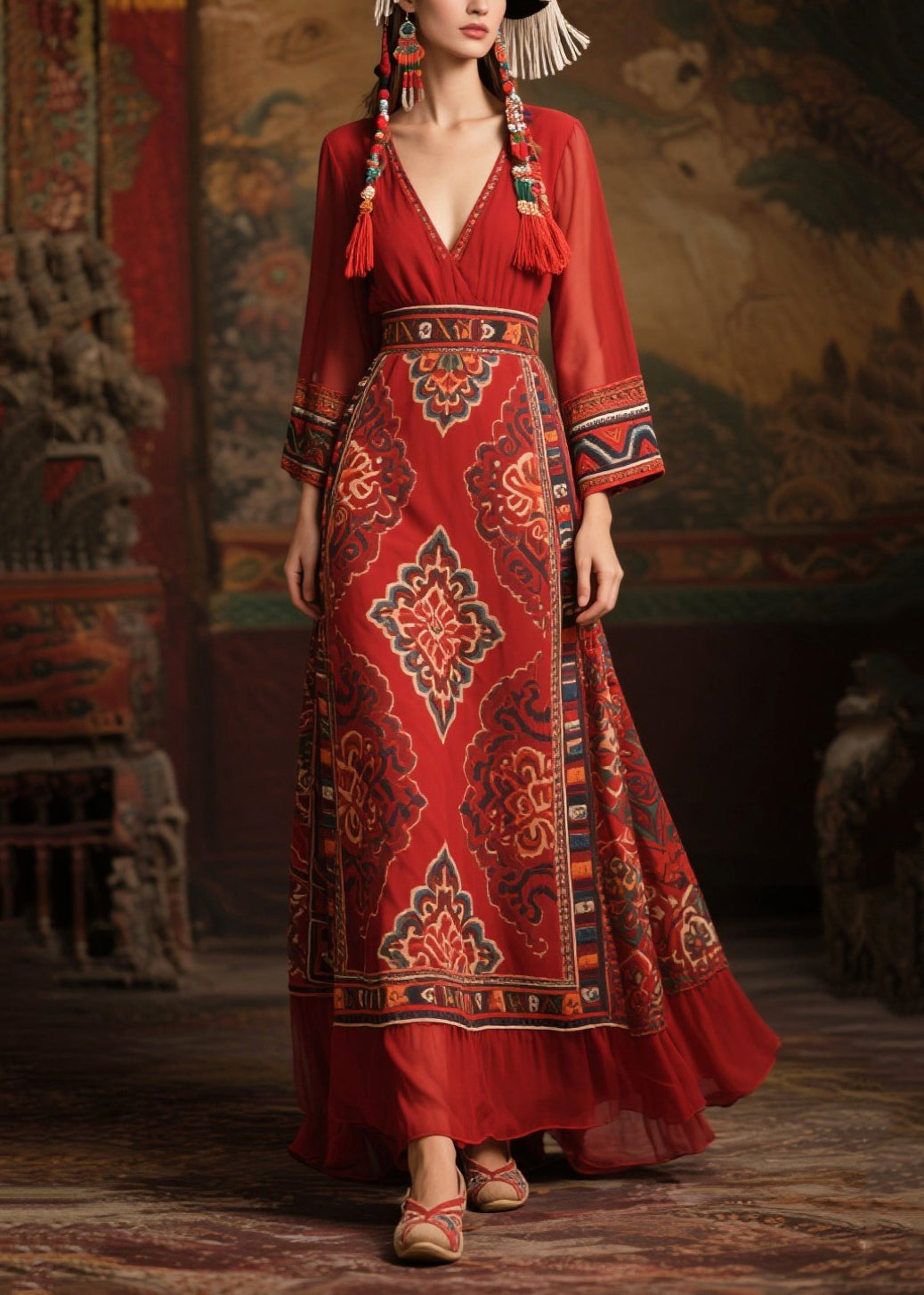 Chiffon Deep V-Neck Long Sleeve Medallion Print Belted Maxi Dress - View 3