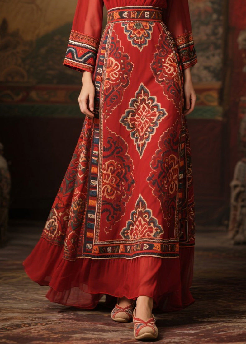 Chiffon Deep V-Neck Long Sleeve Medallion Print Belted Maxi Dress - View 4