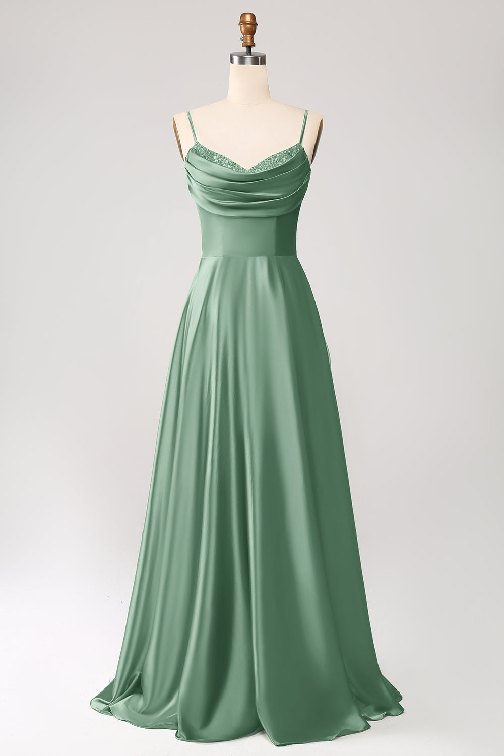 Dusty Sage A Line Cowl Neck Satin Long Prom Dress with Pleated