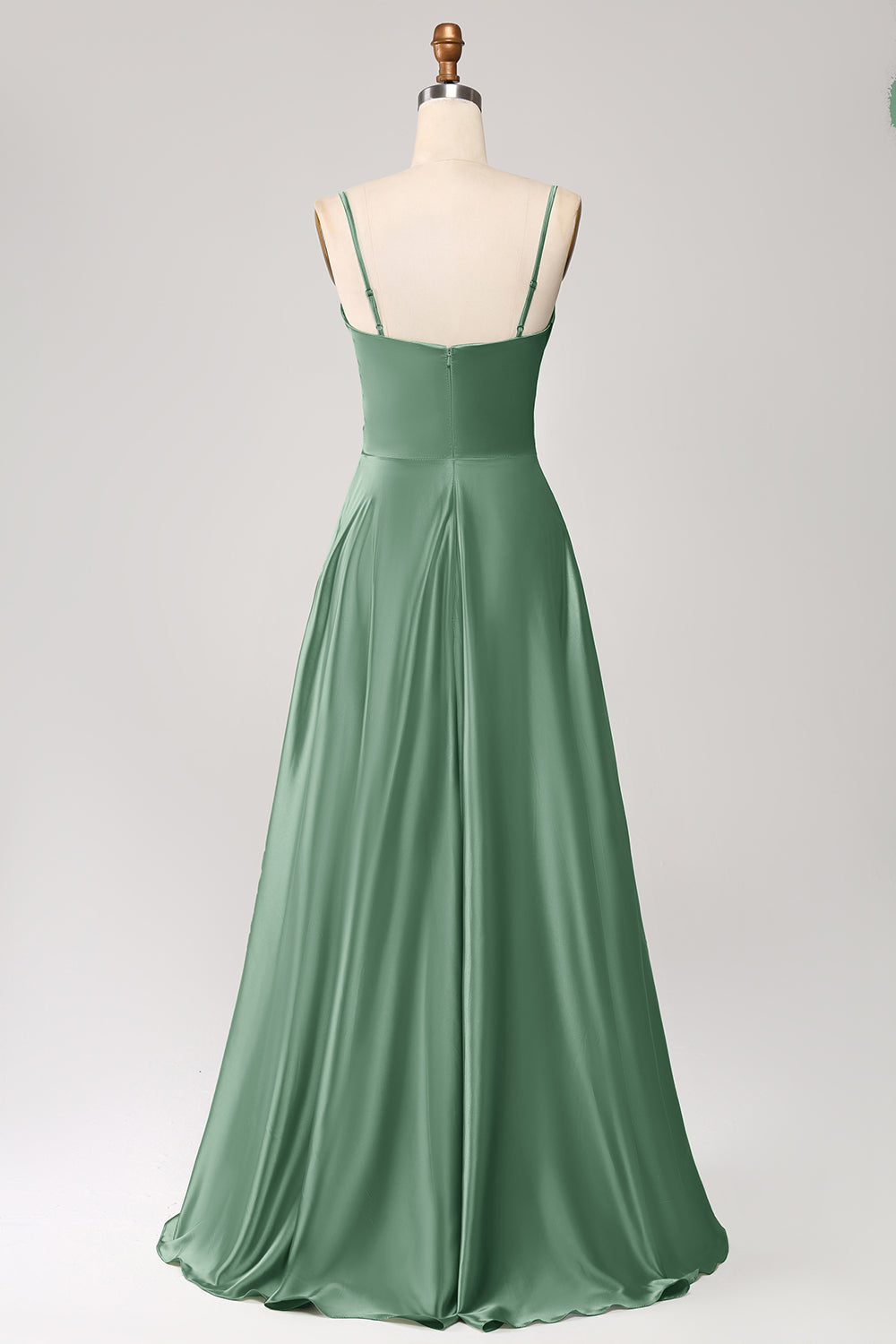Dusty Sage A Line Cowl Neck Satin Long Prom Dress with Pleated