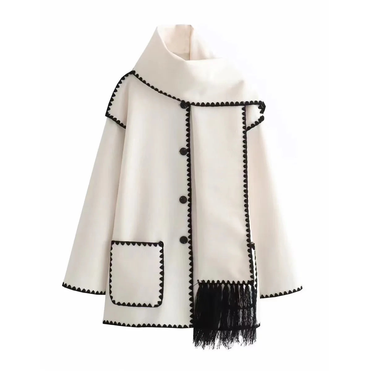 Fashion Woolen Coat With Scarf Tassels Overcoat