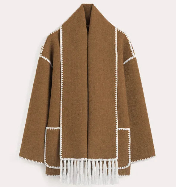 Fashion Woolen Coat With Scarf Tassels Overcoat