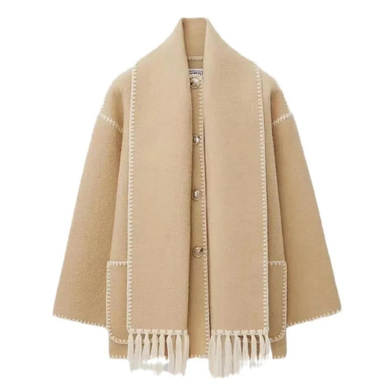 Fashion Woolen Coat With Scarf Tassels Overcoat
