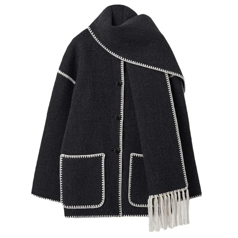 Fashion Woolen Coat With Scarf Tassels Overcoat