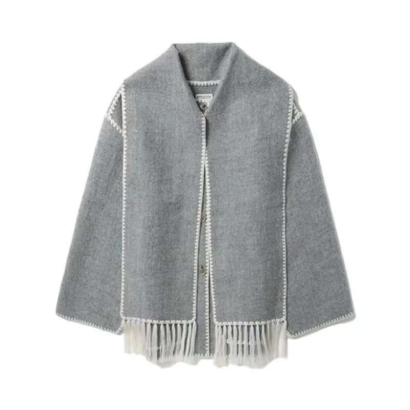Fashion Woolen Coat With Scarf Tassels Overcoat