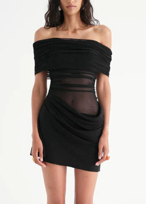 Off Shoulder Mesh Stripe Panel Wrap Bodycon Mini Dress