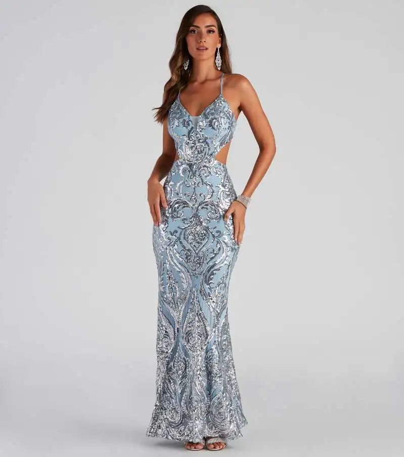 Sequin Paisley V-Neck Cut Out Mermaid Gown 5