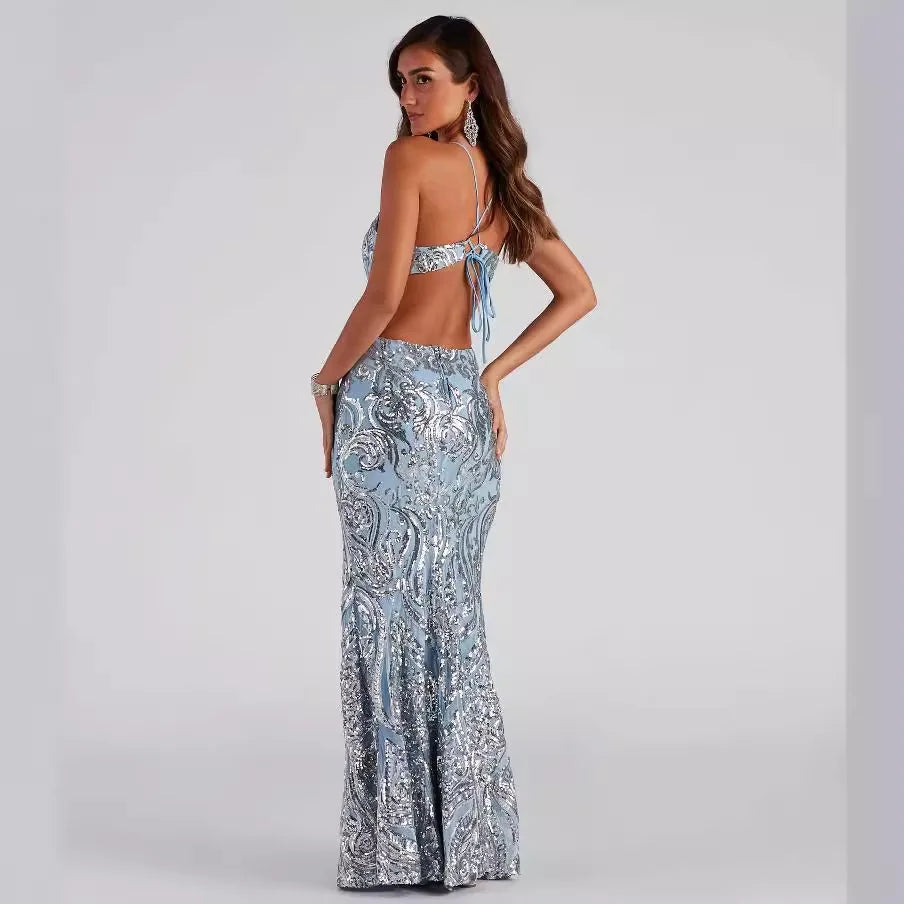 Sequin Paisley V-Neck Cut Out Mermaid Gown 3