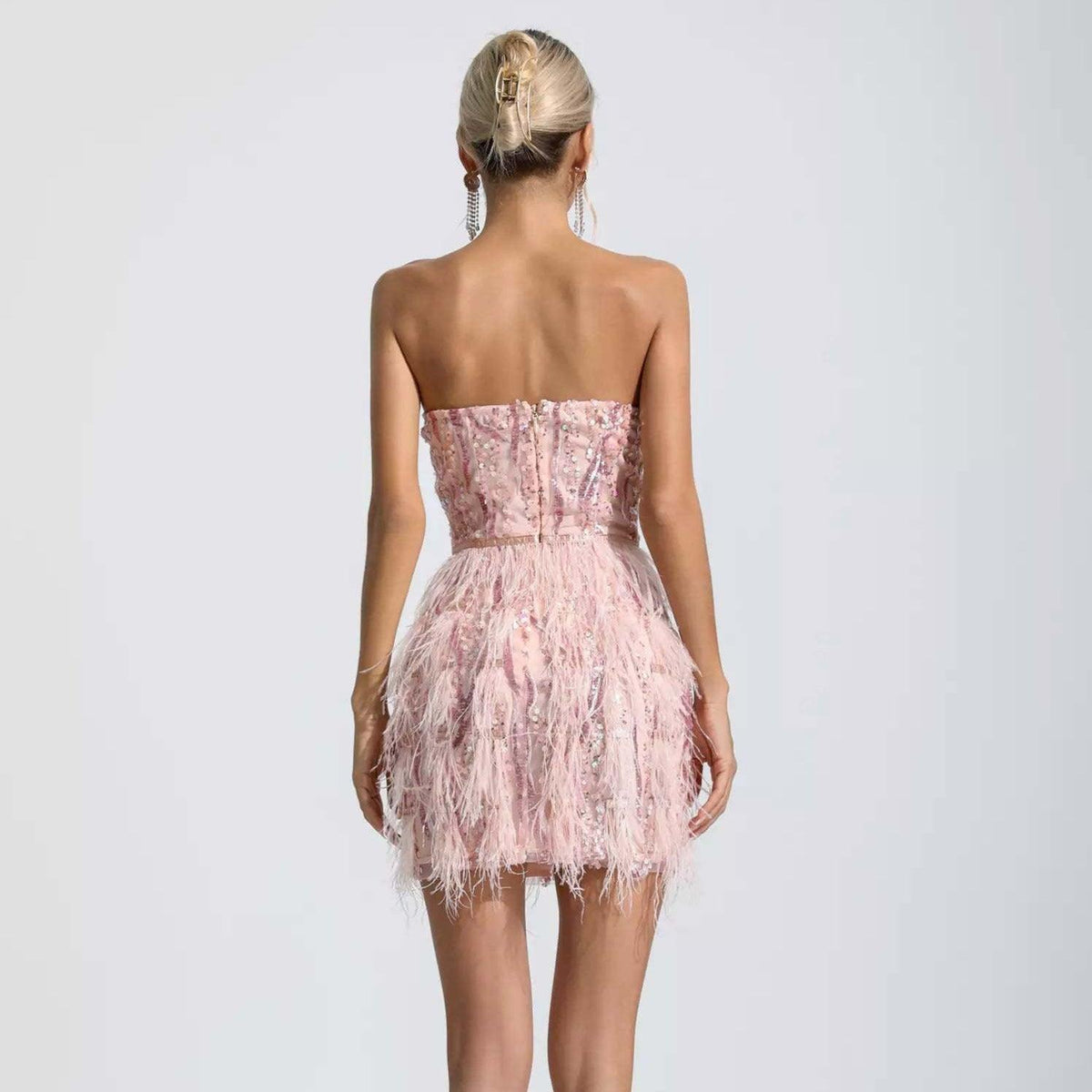 Sequin Strapless Bustier Feather Trim Mini Dress - View 15