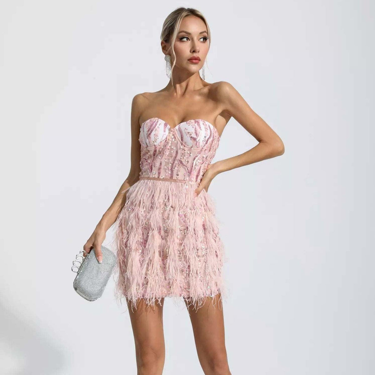 Sequin Strapless Bustier Feather Trim Mini Dress - View 13