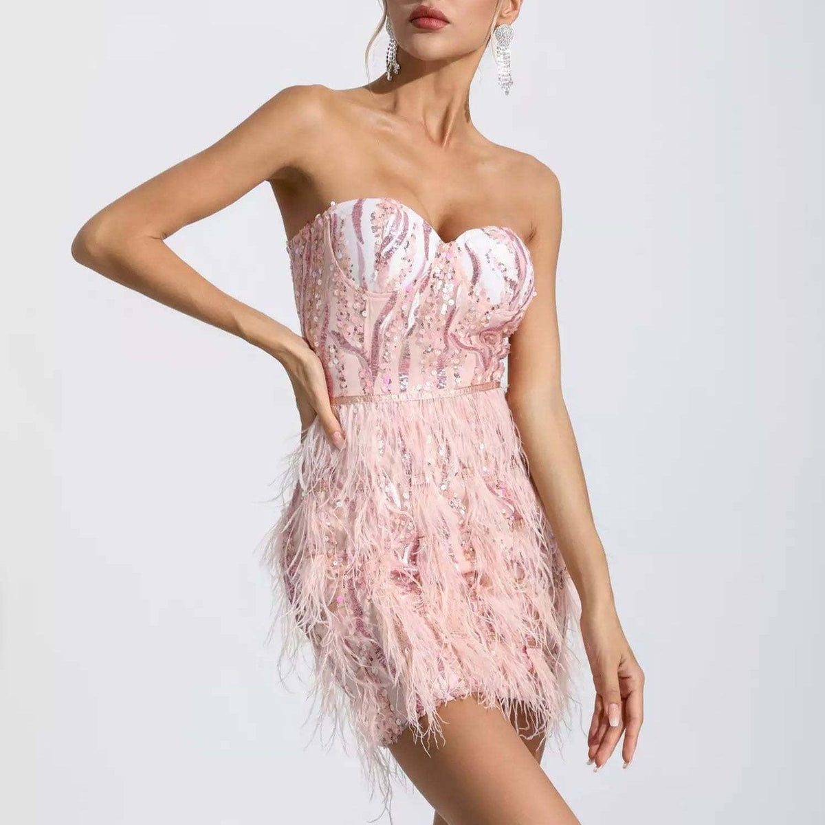 Sequin Strapless Bustier Feather Trim Mini Dress - View 14