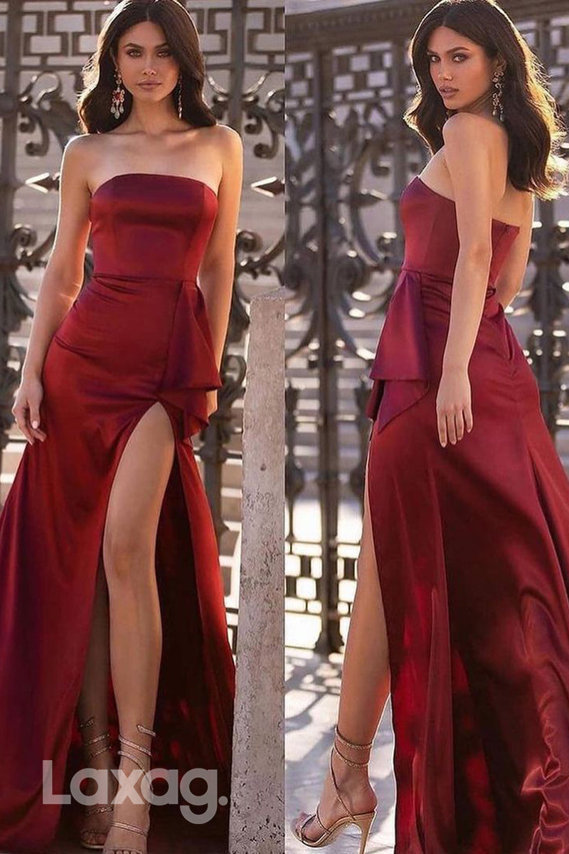 Luxurious Red Strapless Satin Long Prom Evening Dress With Slit - Fashionpara