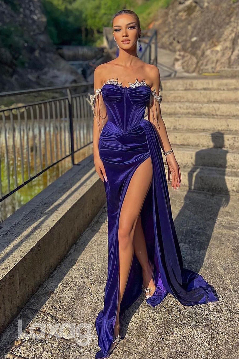 Off Shoulder Asymmetrical Prom Evening Gown With Side Slit - Fashionpara