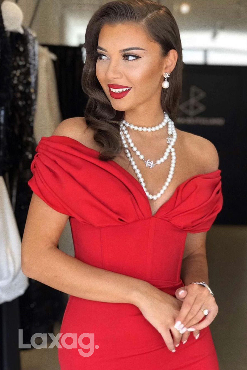 Red Off-Shoulder Floor-Length Prom Evening Dress With Side Split - Fashionpara