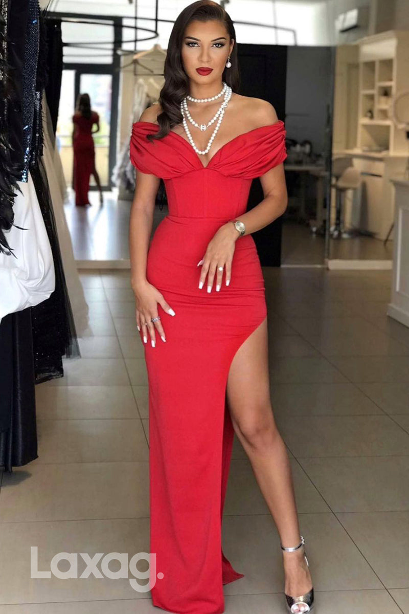 Red Off-Shoulder Floor-Length Prom Evening Dress With Side Split - Fashionpara