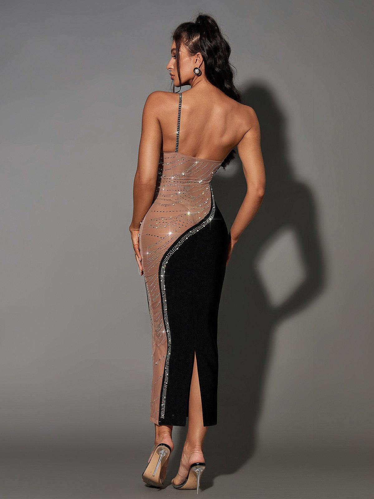 Pearl Rhinestone One Shoulder Sheer Panel Bodycon Maxi Dress 5