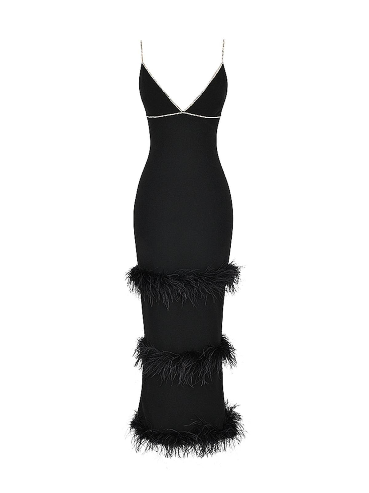 Rhinestone V-Neck Feather-Trim Bandage Maxi Dress 6