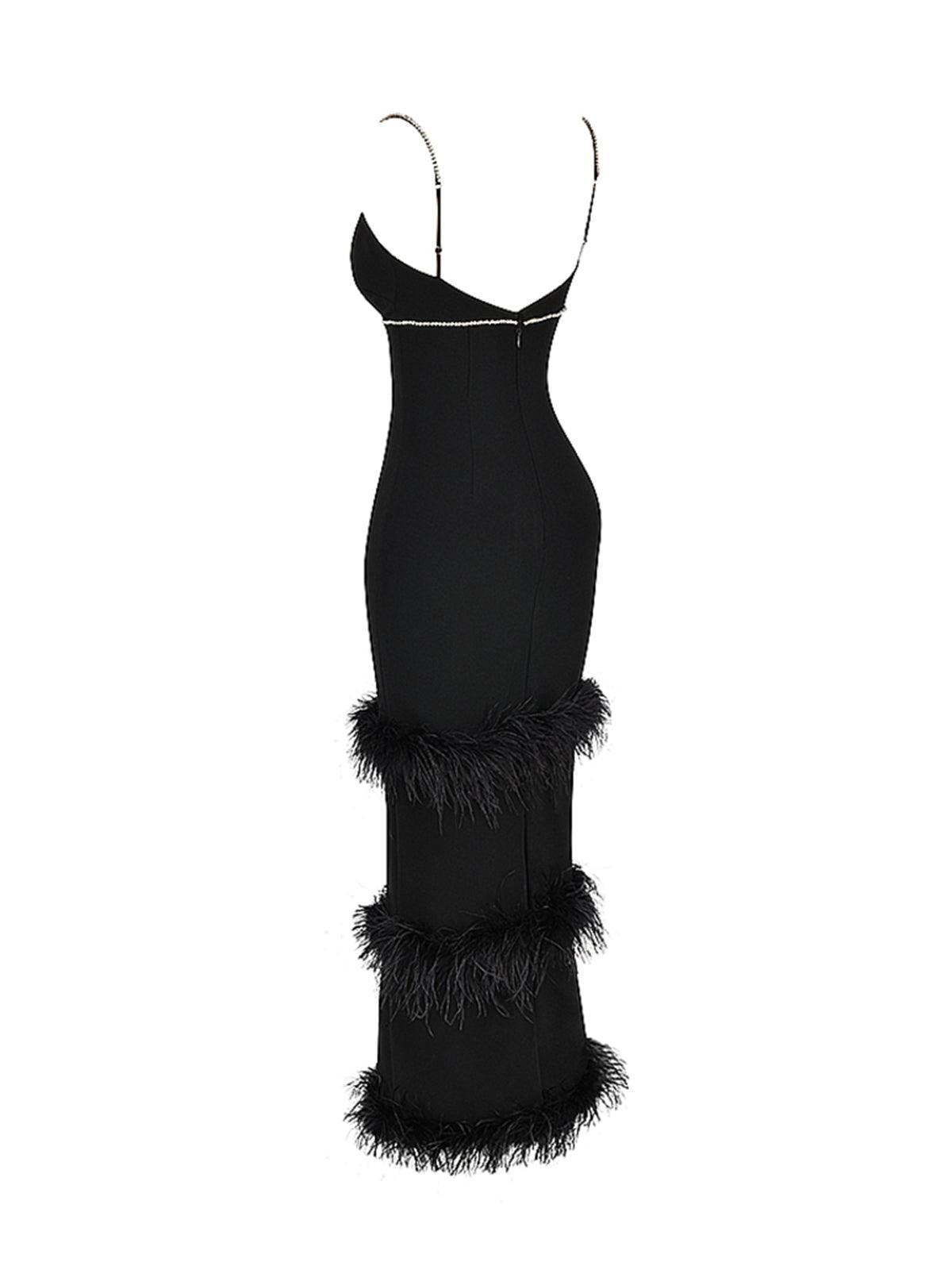 Rhinestone V-Neck Feather-Trim Bandage Maxi Dress 7