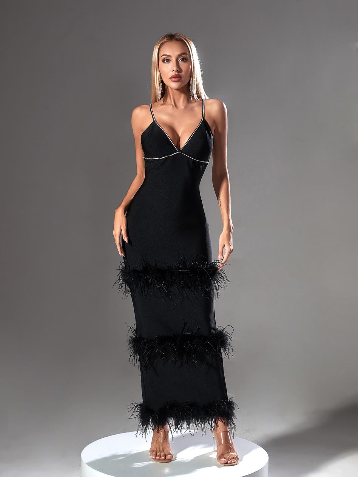 Rhinestone V-Neck Feather-Trim Bandage Maxi Dress