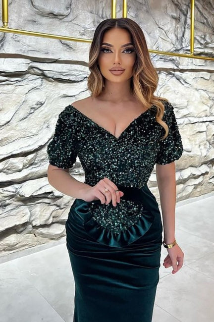 Exquisite Sequins V-neck Short Sleeve Floor-length Prom Evening Dresses