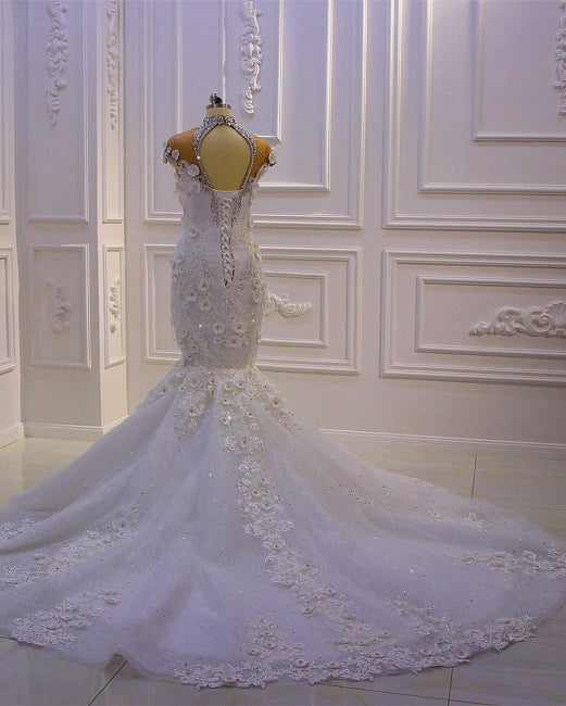 Extravagant Mermaid High Neck Glitter Wedding Dresses with Lace