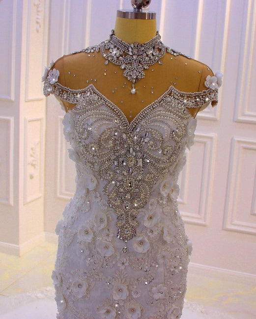 Extravagant Mermaid High Neck Glitter Wedding Dresses with Lace